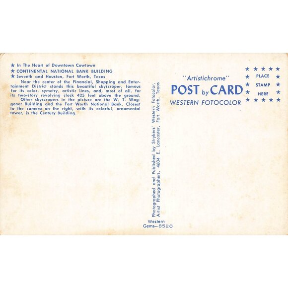 Postcard Continental National Bank Building Fort Worth Texas Vintage Chrome Unpo - Picture 2 of 2